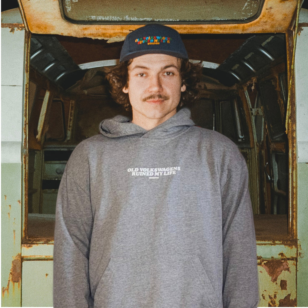 Grey air-cooled VW hoodie with Old Volkswagens Ruined My Life print – vansofvw