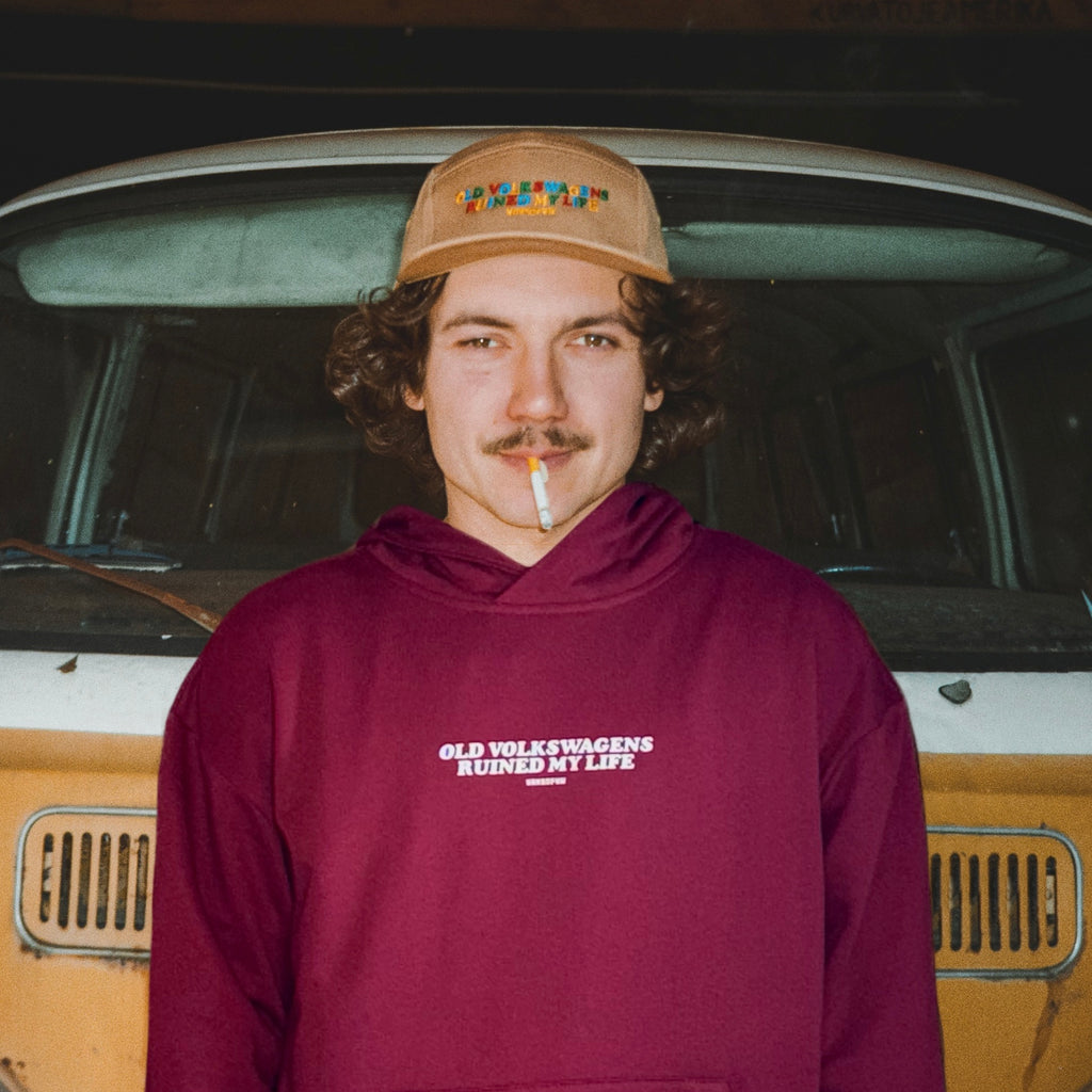 Red air-cooled VW hoodie with Old Volkswagens Ruined My Life print – vansofvw
