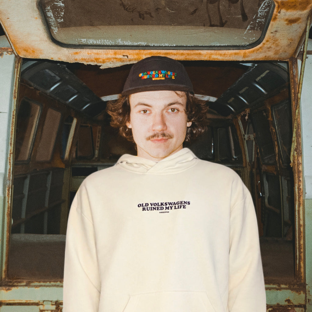 White air-cooled VW hoodie with Old Volkswagens Ruined My Life print – vansofvw