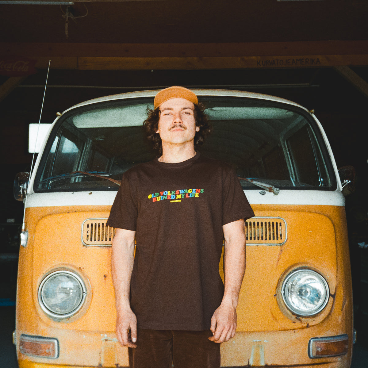 Brown VW T1 Bus colorful t-shirt with Old Volkswagens Ruined My Life print – vansofvw