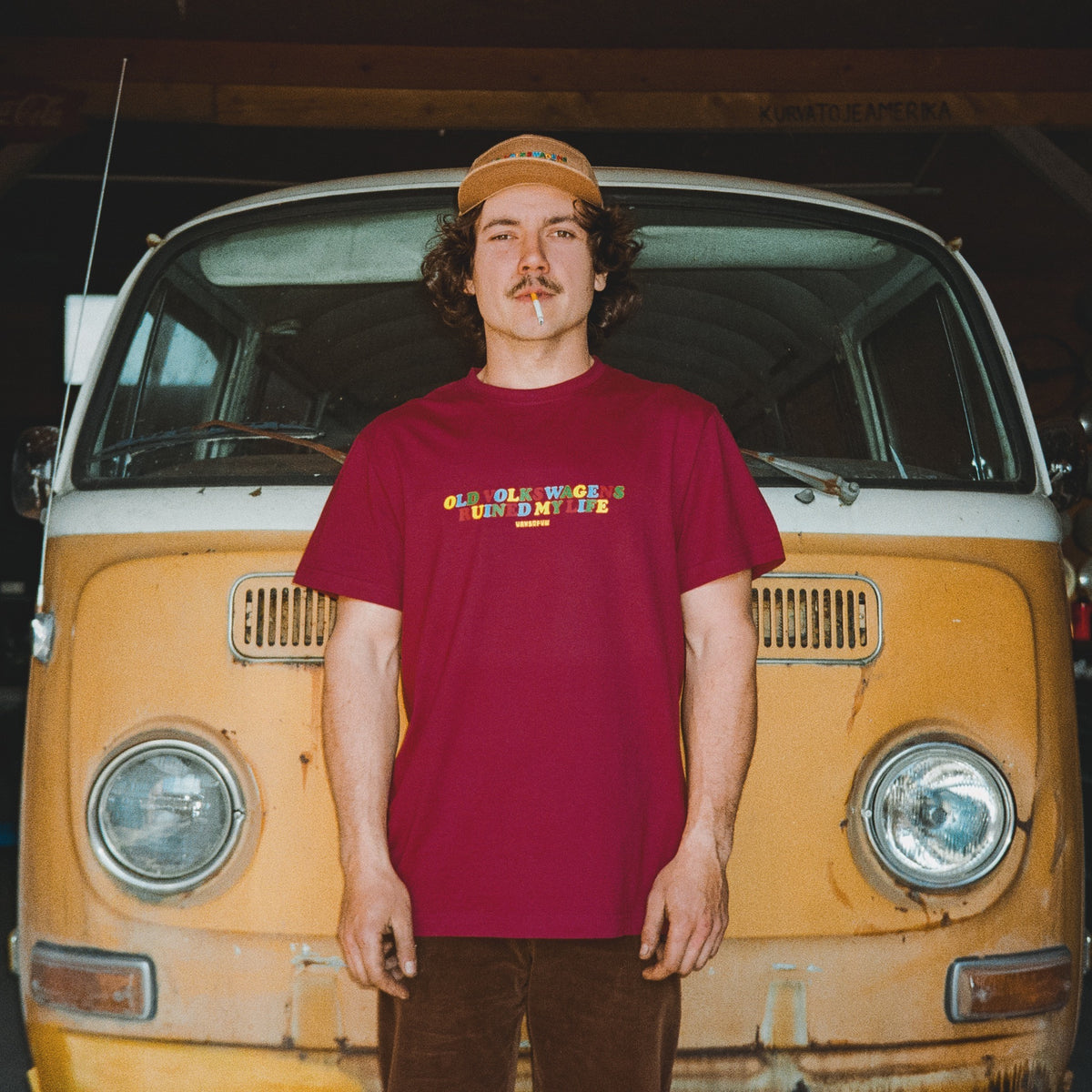 Fuchsia red VW T1 Bus colorful t-shirt with Old Volkswagens Ruined My Life print – vansofvw